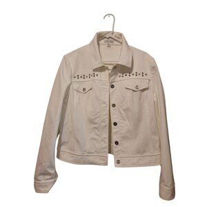 St. John SPORT White Denim Moto Jacket Biker Size L Women LS Punk Rock